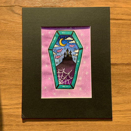 Original 5x7 Painting with Black Matte Frame - Haunted Castle