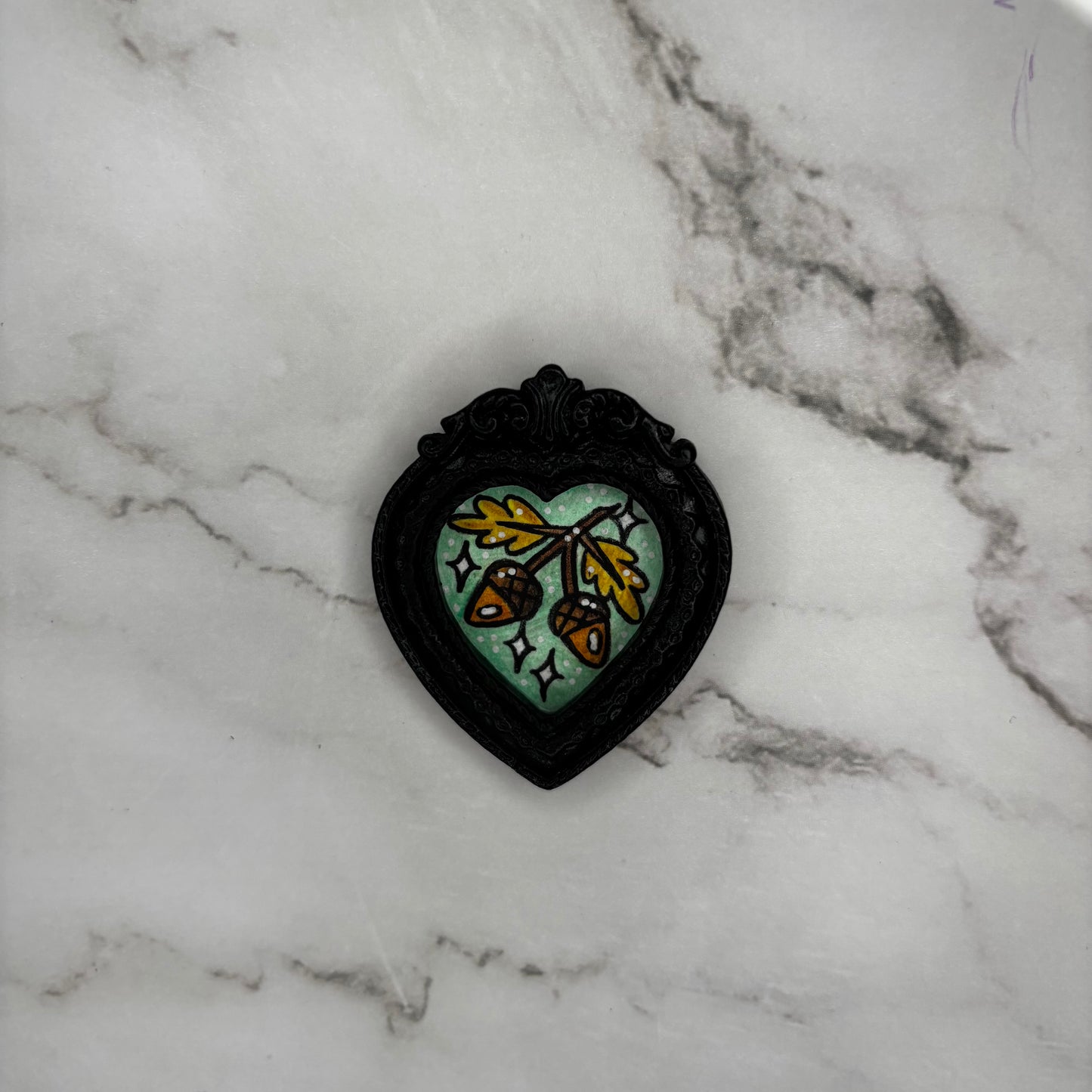 Original Mini Heart Framed Painting -Acorns