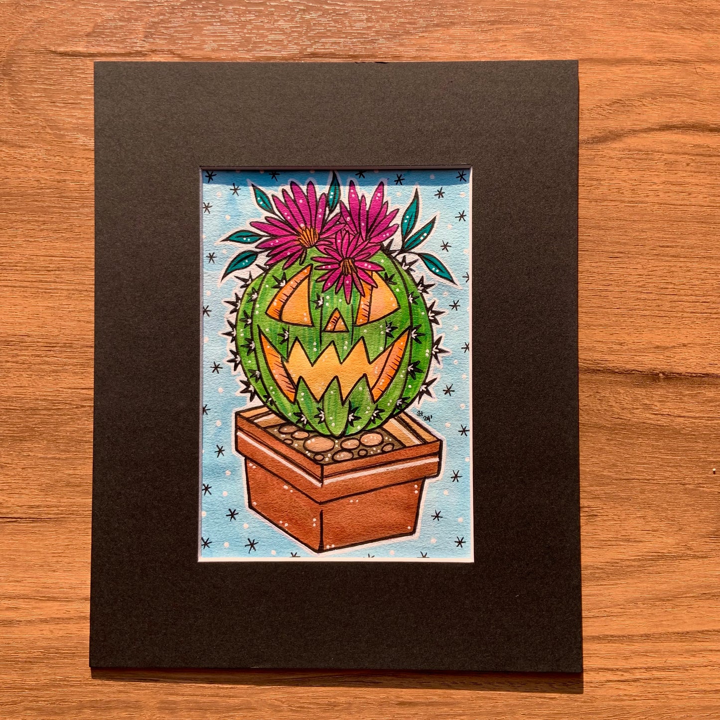 Original 5x7 Painting with Black Matte Frame - Jack-o’-lantern Cactus