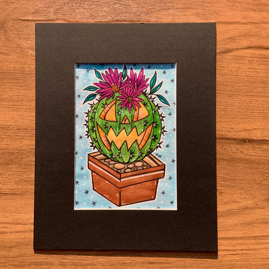 Original 5x7 Painting with Black Matte Frame - Jack-o’-lantern Cactus
