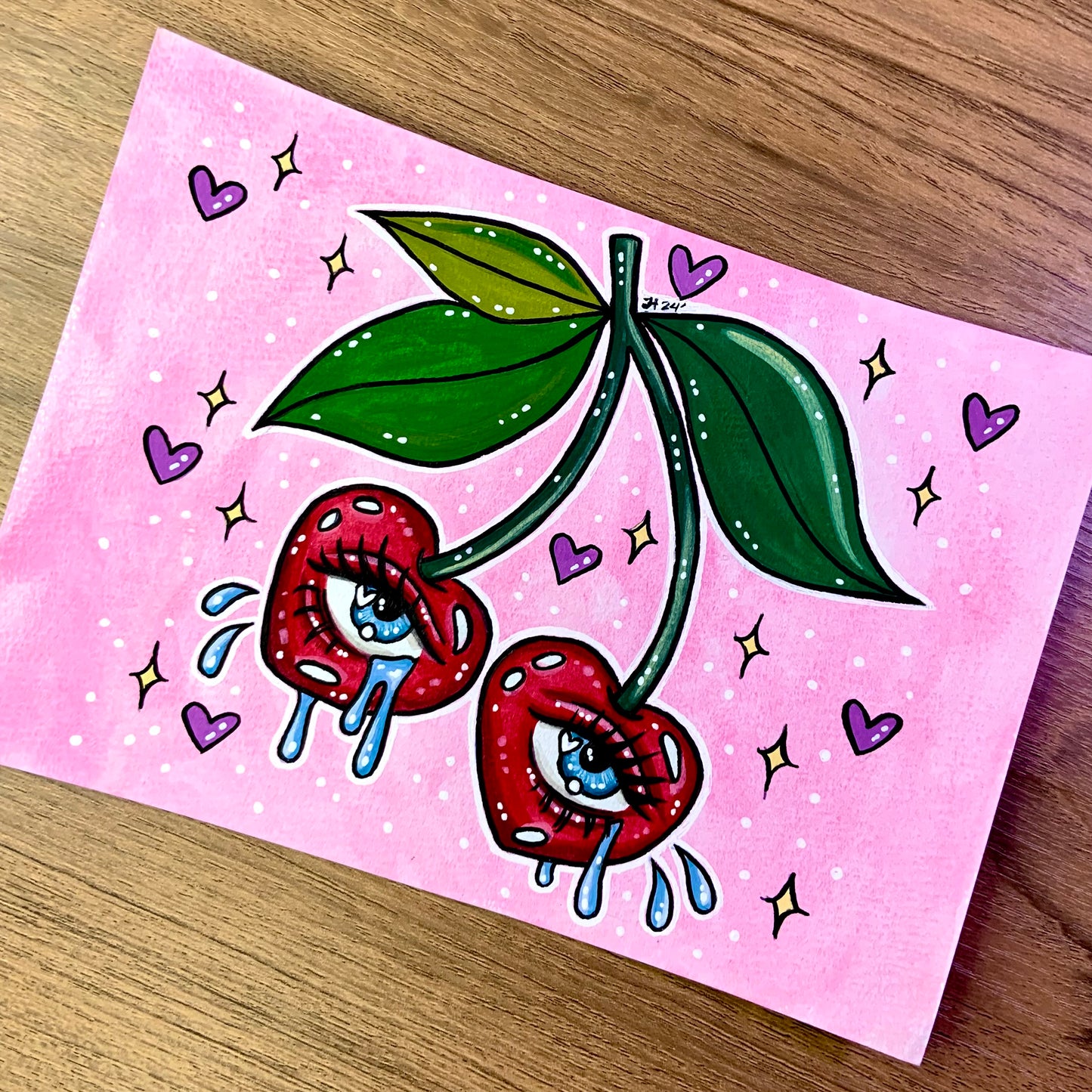 Original 5x7 Painting with Black Matte Frame - Crybaby Cherries